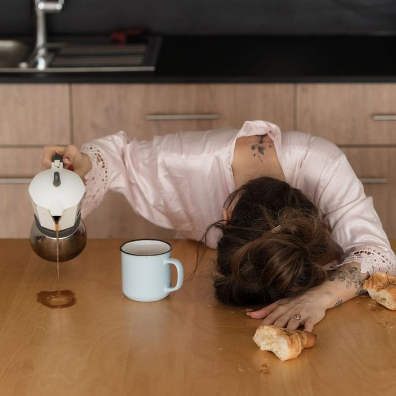 femme mère épuisée café a coté de sa tasse